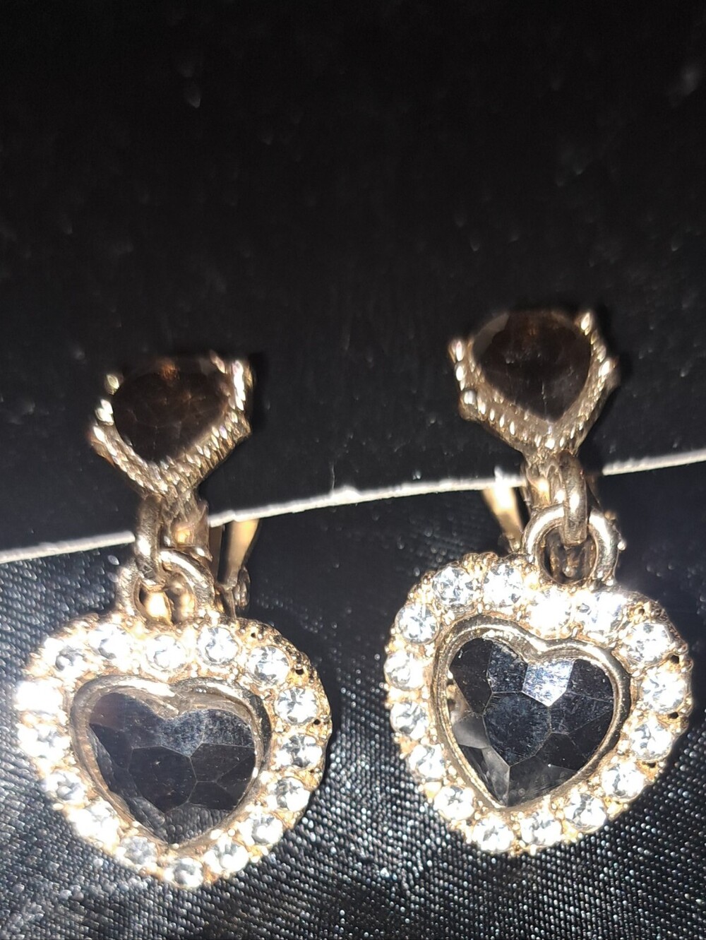 Gold-Tone Heart Drop Earrings with Purple-ish Crystal Heart Center